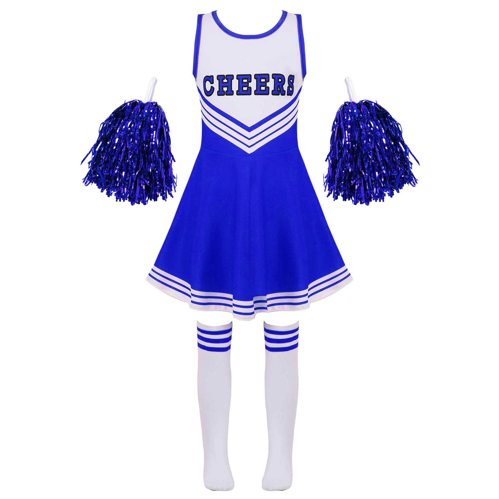 Kids Girls Cheerleading Uniform Dance Costume leeveless Round Neckline Letter Print Dance Dress Cheerleading Flower and Socks: Blue / 110