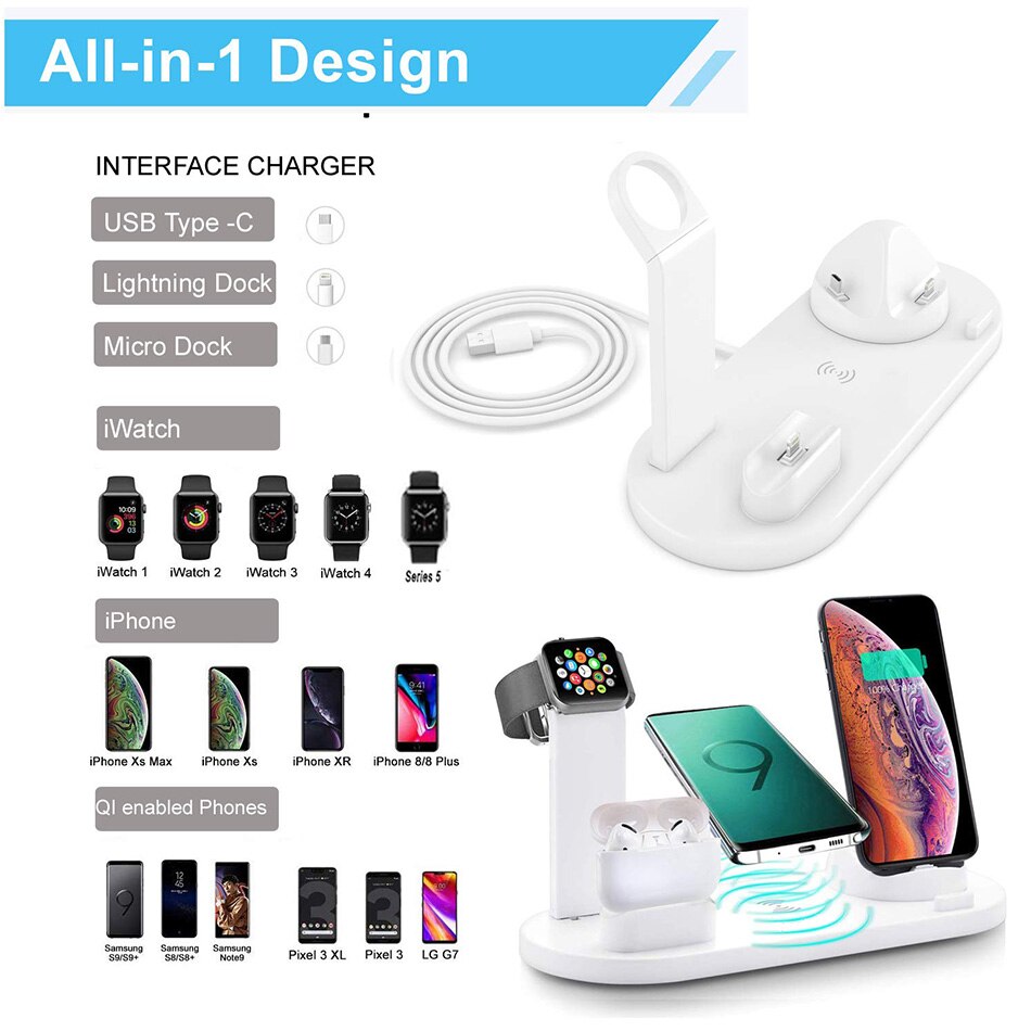 KEPHE 4 in 1 Wireless Charger Induction Charger Stand For iPhone 11 Pro X XS Max XR 12 Airpods Pro Apple Watch Docking Station