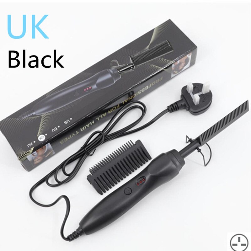 Plattång elektrisk lockig kam plattång borste snabbt kam hår rakt 2 in 1 korrugering lockar strykjärn: Storbritannien svart