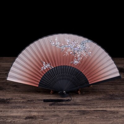 Abanico de bambú de estilo chino clásico, abanico plegable con estampado de flores para mujer, abanicos de mano para bailar, decoración artesanal para fiestas y bodas: coffee