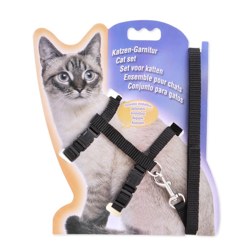 Kjæledyr katt krage sele og bånd justerbar nylon kjæledyr trekkraft kattunge halter krage katter produkter for katt kjæledyr sele belte: Svart