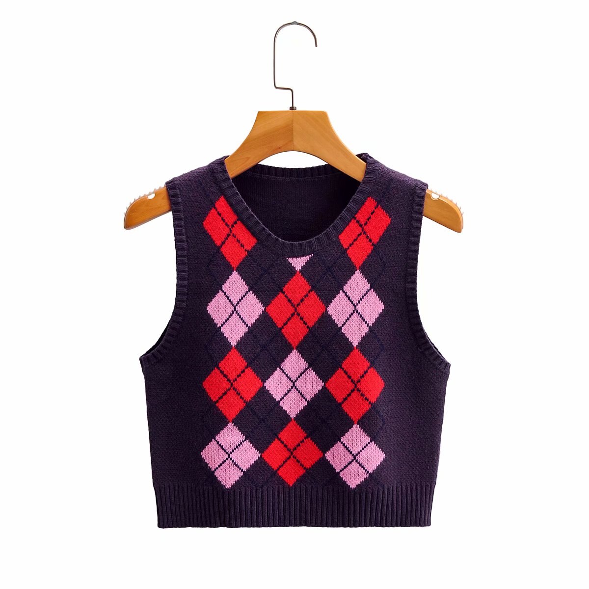 Efterårsstrikket tanktop kvinder vintage argyle sweater vest kvinder strik vest top cropped sweater veste plaid koreansk vest v-hals: Lyserød