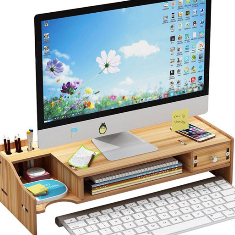 Multi-function Desktop Monitor Stand Computer Screen Riser Wood Shelf Plinth