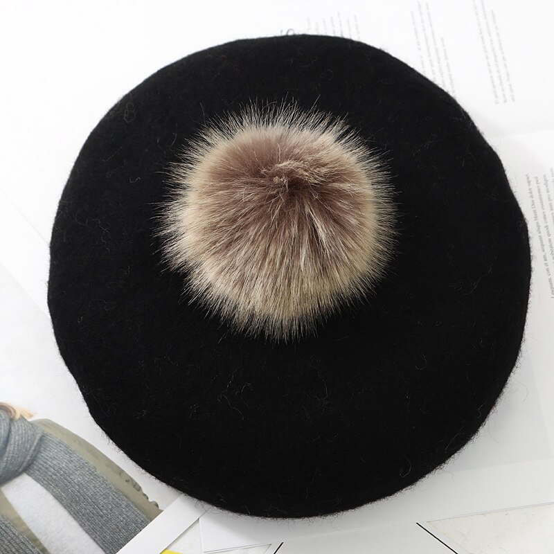 Vrouwelijke Winter Herfst Wollen Pompom Baret Hoed Effen Vrouwen Boina Franse Hoed Meisjes Outdoor Warm Baretten Schilder cap