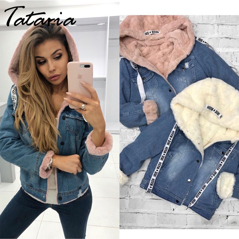 Tataria vrouwen Winter Plus Fluwelen Dames Denim Jas voor Vrouwen Warm Dikke Capuchon College Wind Dames Warm Denim jas