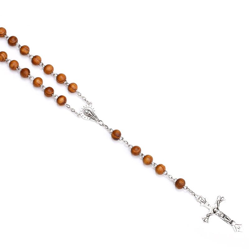 Handmade Round Bead Catholic Rosary Cross Religious Wood Beads Necklace