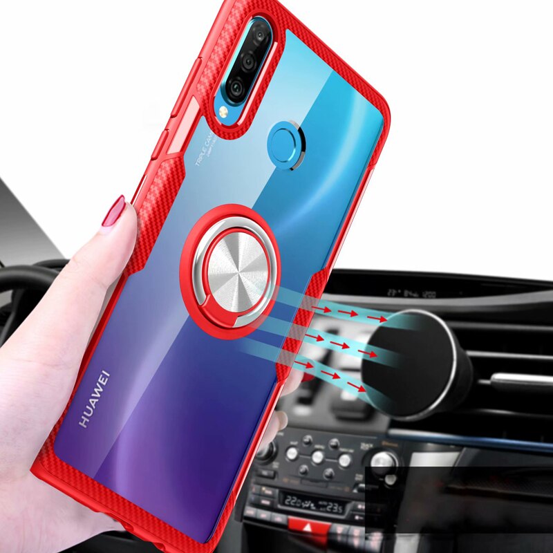 Huawei P30 Lite Case Cover Luxe Transparante PC + Carbon Fiber Volledige Bescherming Ring Magnetisme Shell sFor Huawei P30 Coque funda