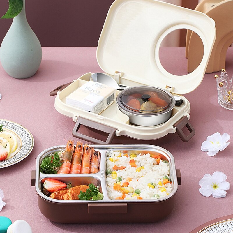 Atyhao Draagbare Roestvrijstalen Bento-box Voor Kinderen En Volwassenen Stapelbare Lekvrije Lunchbox Geisoleerde Thermische Voedselcontainer3 Layer