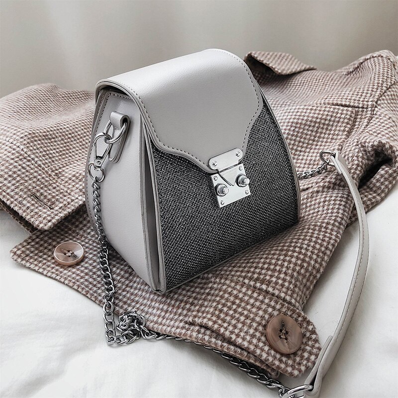 Contrast color Bucket bag PU Leather Women's Handbag Lock Chain Shoulder Messenger Bag: Silver