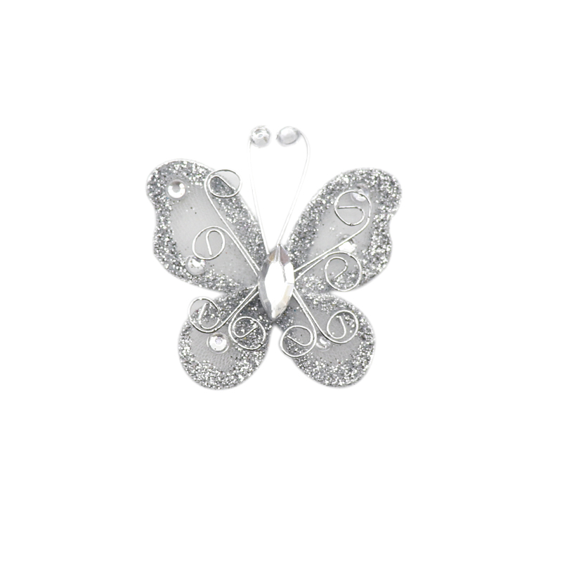 10 sztuk 2 &quot;Organza siatka nylonowa motyle z drutu i dżetów brokat na dekoracje ślubne księga gości Home Decor Party: Silver