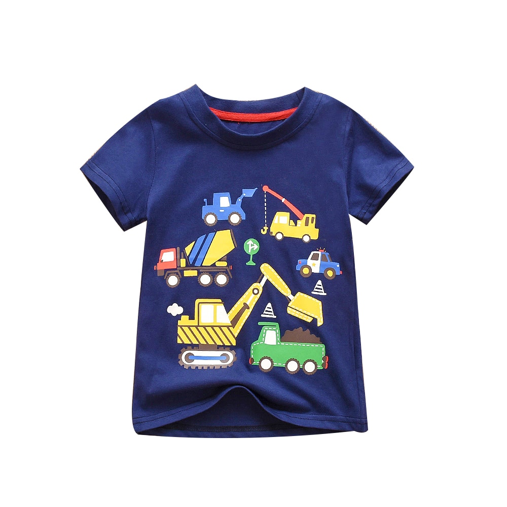 Summer Fashionable Little Boys T-shirt Cartoon Car Printing Short Sleeve Round Collar Top Children Casual Clothes