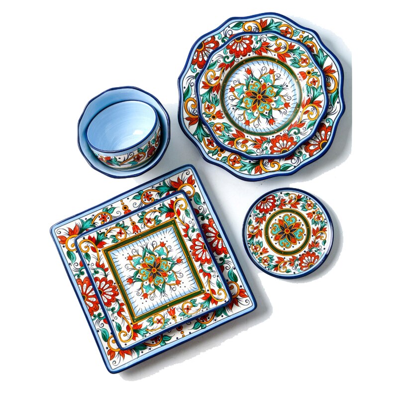 European Style Ceramic Retro Dinner Plates Square Western Food Steak Dishes For Serving Rice Soup Bowl Hand-painted Tableware