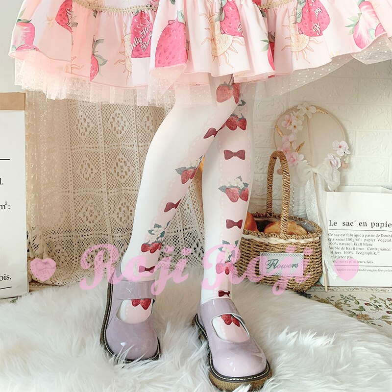 Chaussettes Lolita à nœud papillon pour femmes, motif imprimé velours 120D, style japonais, collection printemps et été: White