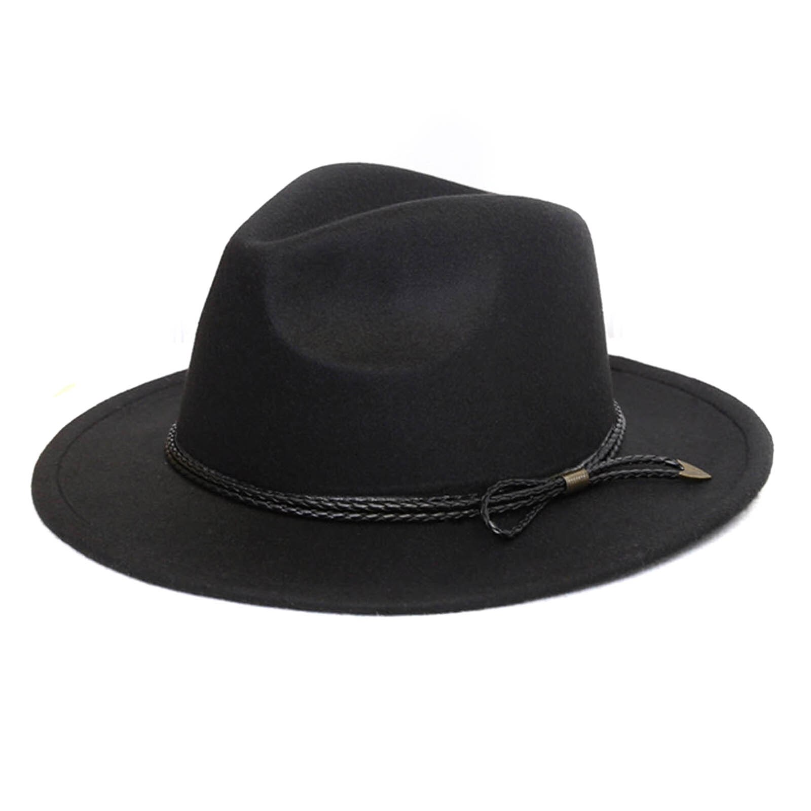 Sombrero de lana con cinturón de borde ancho para mujer, gorro estilo Retro,: Black