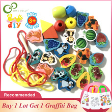 26Pcs Wooden Toys Baby DIY Toy Cartoon Fruit Animal Stringing Threading Wooden beads Toy Monterssori Educational for Kids GYH