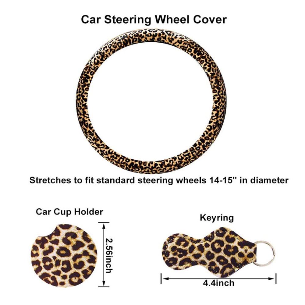 Auto stuurwiel hoes set waterdicht antislip duurzaam luipaardprint auto wiel beschermer met sleutelhanger grip hoes universeel