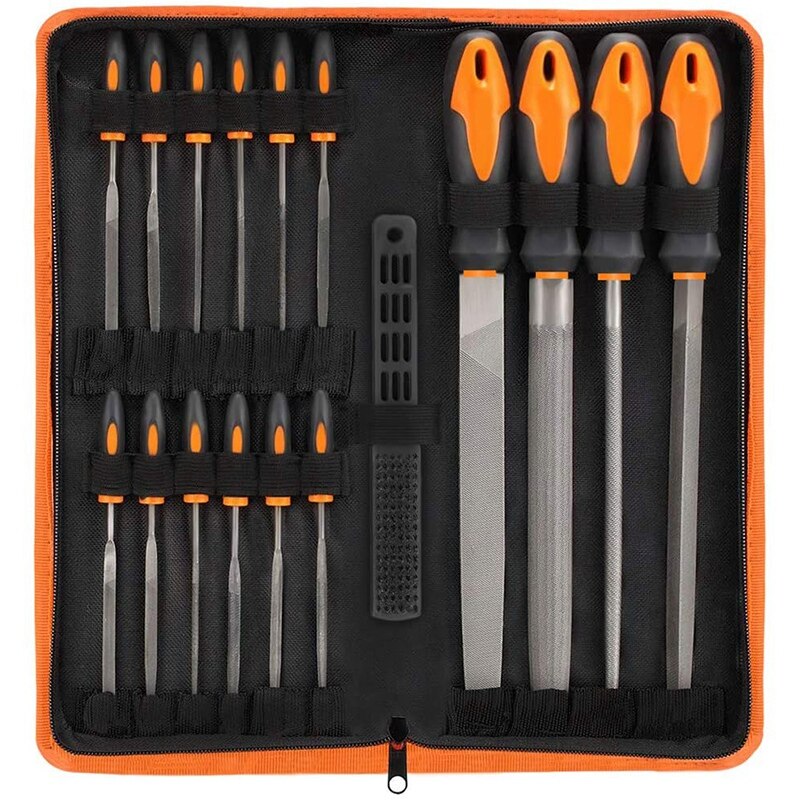 17Pcs File Tool Set, Forged Steel, Flat Triple-cornered Half-Round Round Large File and 12Pcs Needle Files