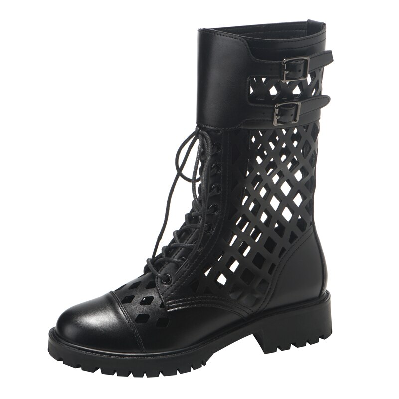 Svarte støvler punk motorsykkel støvler til kvinner hule knehødu støvler sommer snøre lange støvler damesko femmes bottes: 159 / 4