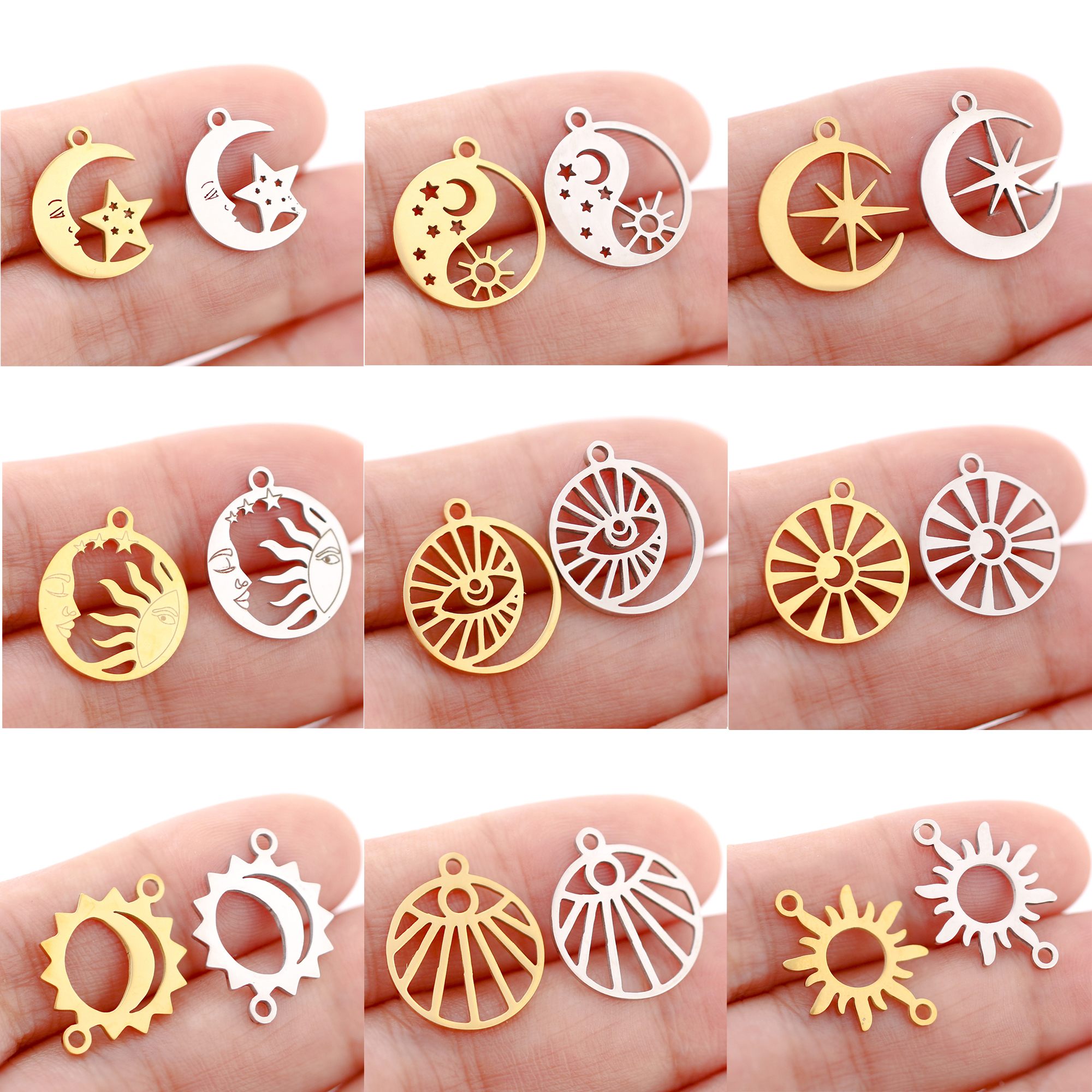 5 unids/lote de colgantes de acero inoxidable con forma de luna/sol/estrella para pulsera, collar, accesorios para hacer joyas DIY hechos a mano