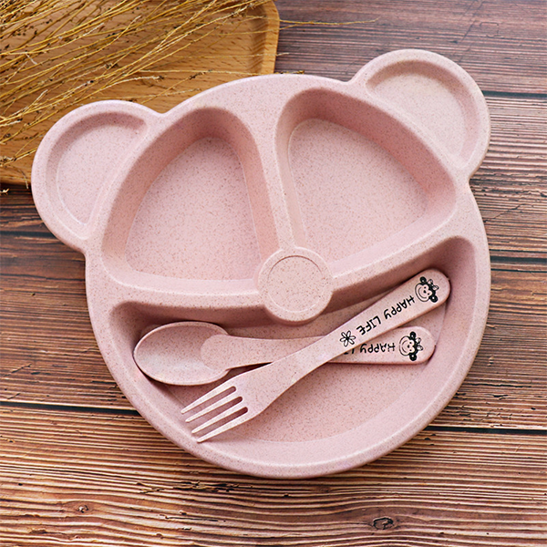 Baby Bowl Spoon Fork Feeding Food Anti Wheat Straw Training Tableware Set Cartoon Bear Kids Dishes Eating Dinnerware: red