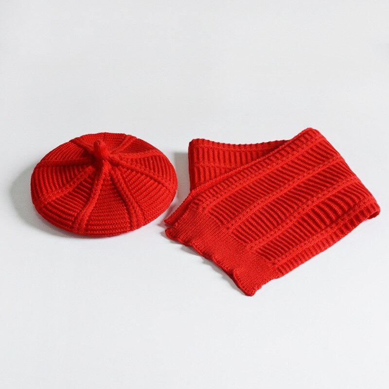 2-8 år piger strik hat tørklæde 2pc sæt børn baret boina bufanda orange gul rød grøn grå: Rød