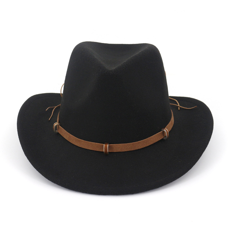 Læder dekoreret vestlig cowboy hat uldfilt jazz fedora hatte brede kant panama formel top cap sombreros til mænd kvinder: Sort