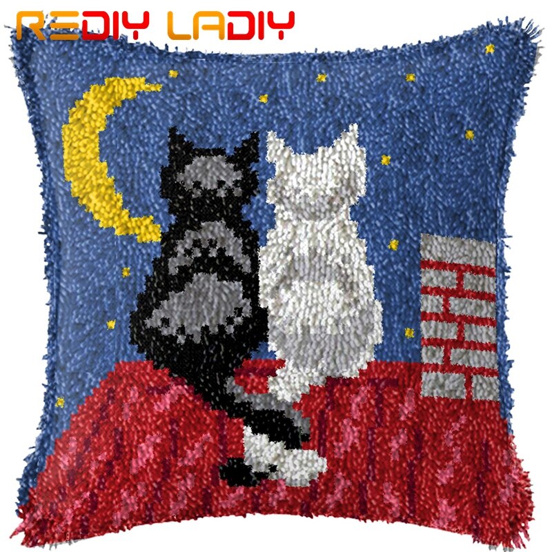 Spärrkrok kudde måne kärlek katt tryckt canvas kudde fram akrylgarn virkat örngott kit bäddsoffa kudde heminredning