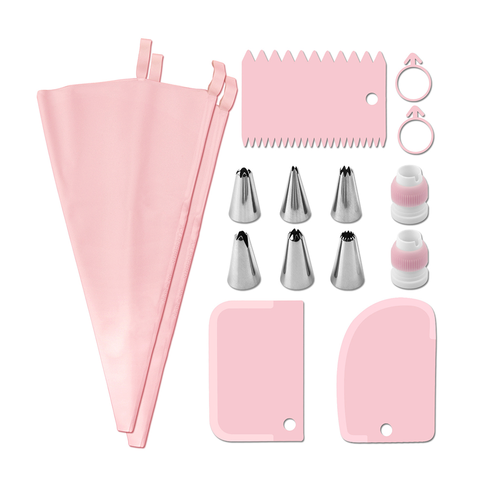 Juego (15 uds) de raspador montado en la boca, herramienta de modelado suave con patrón de crema de pastel de silicona, herramienta para hornear en el hogar: Rosa
