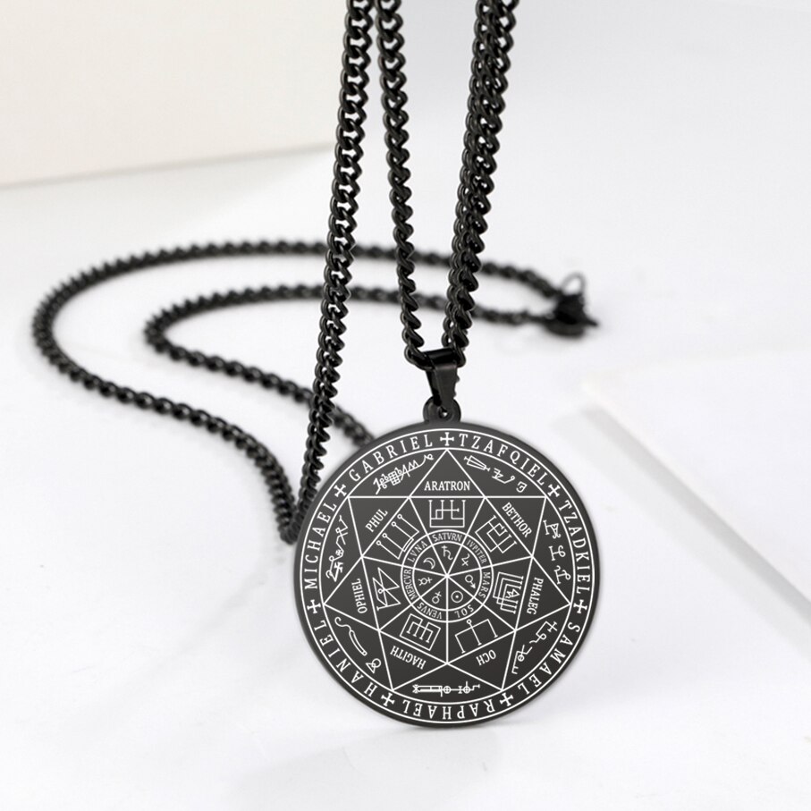 7 erzengel Sigil Charme Halsketten Pentagramm Magie Maskottchen Amulett Glück Schutz Supernatural Talisman Halskette Herren Halskette aus Edelstahl, Das des Mannes, Halskette mit Erzengel-Set Neujahrsgeschenk: 7 Archanges Black