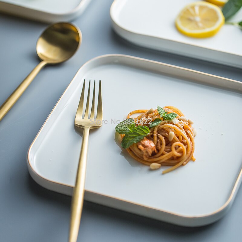 Europese Stijl Gouden Keramische Vierkante Plaat Diner Platen Huishoudelijke Steak Plaat Servies Container Platte Lade Pasta Schotel Schotels