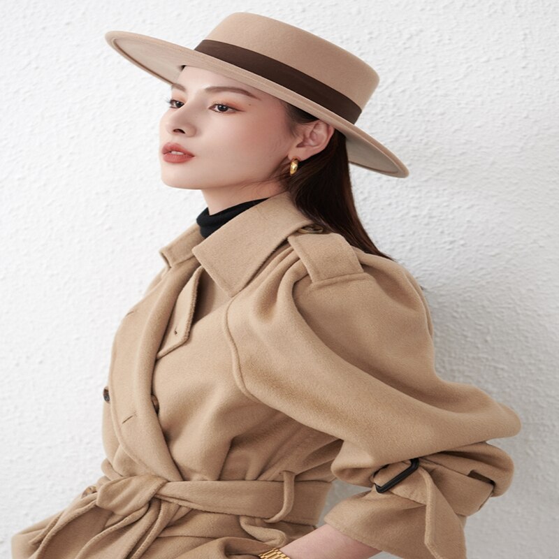 winter female flat-top trilby hat wide-brim hats for women wool felt fedora England cap
