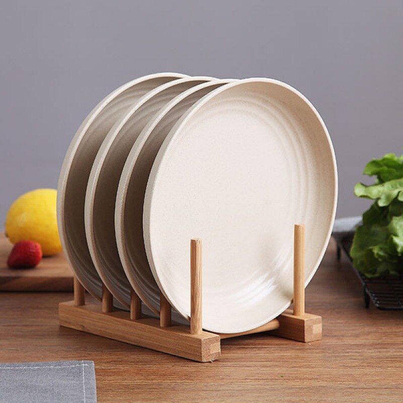 4 Pcs Wheat Straw Cutlery Plate Household Dish Plate Set Fruit Plate Dish Cooking Plate 9 Inches: Beige