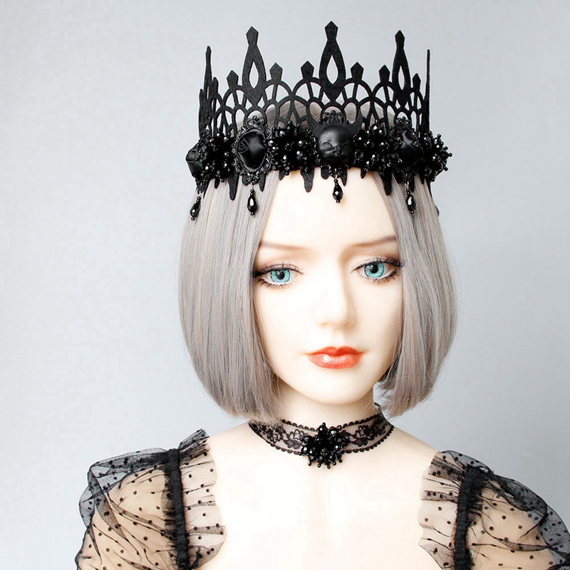 Black Headband Halloween Party Props Death Demon Witch Head Crown with Beaded Tassel Headdress