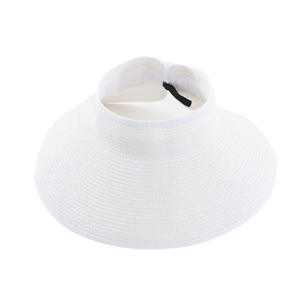 Visera plegable de paja de verano para mujer con bonito lazo, gorro de playa para uso diario, gorro de vacaciones H7JP: Blanco