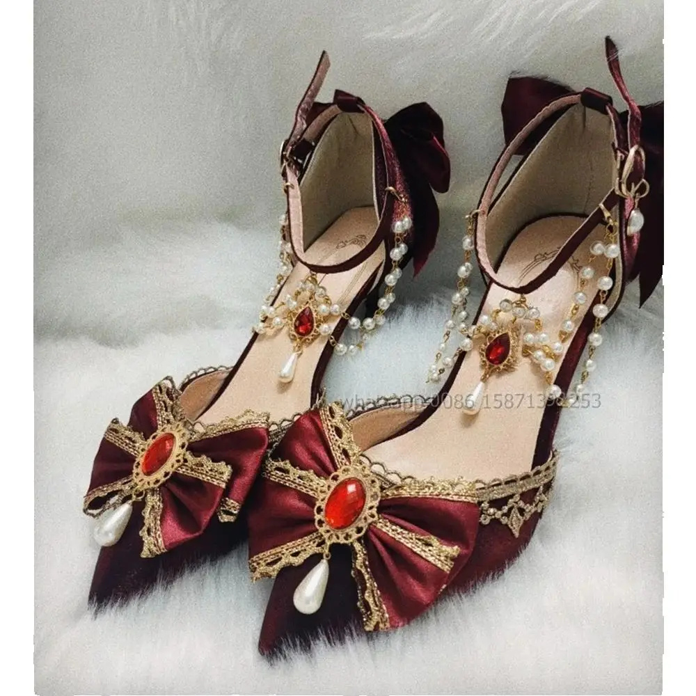 Sandálias femininas com gemas de pérola curva, dedo apontado, estilete, cetim de renda, alça reta, salto feminino, estilo lolita, bombas requintadas, festa, 2024: Transparente / 37