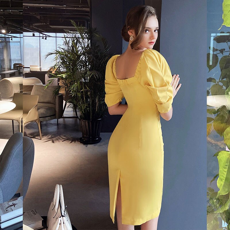 Dabuwawa Exclusive Vintage Yellow Dress Women Square Neck Puff Sleeve Single Breasted Split Hem Sexy Dress Ladies DO1BDR102