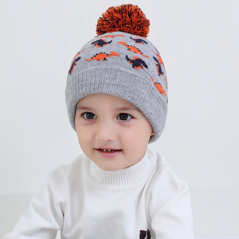 Dinosaurie mössa pojke vinter stickad mössa grå pompom skidåkning utomhus tillbehör för baby barn