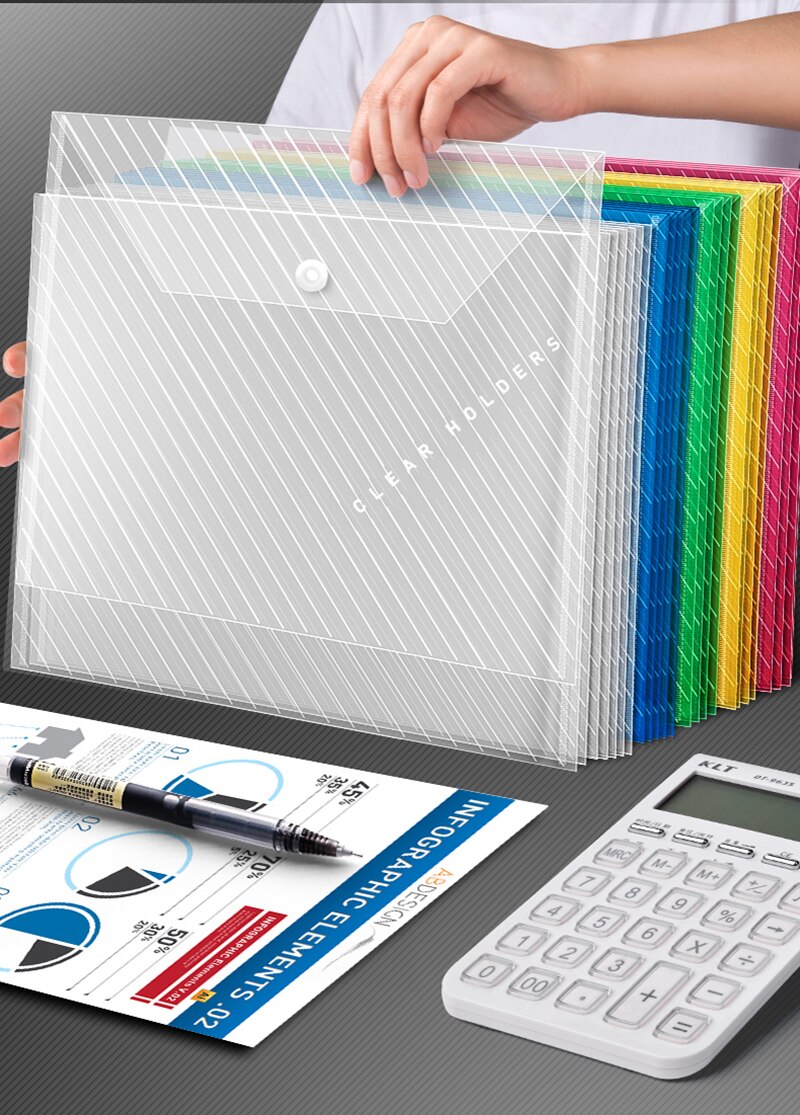 10 thickened transparent PP waterproof document envelopes with snap-on document pockets