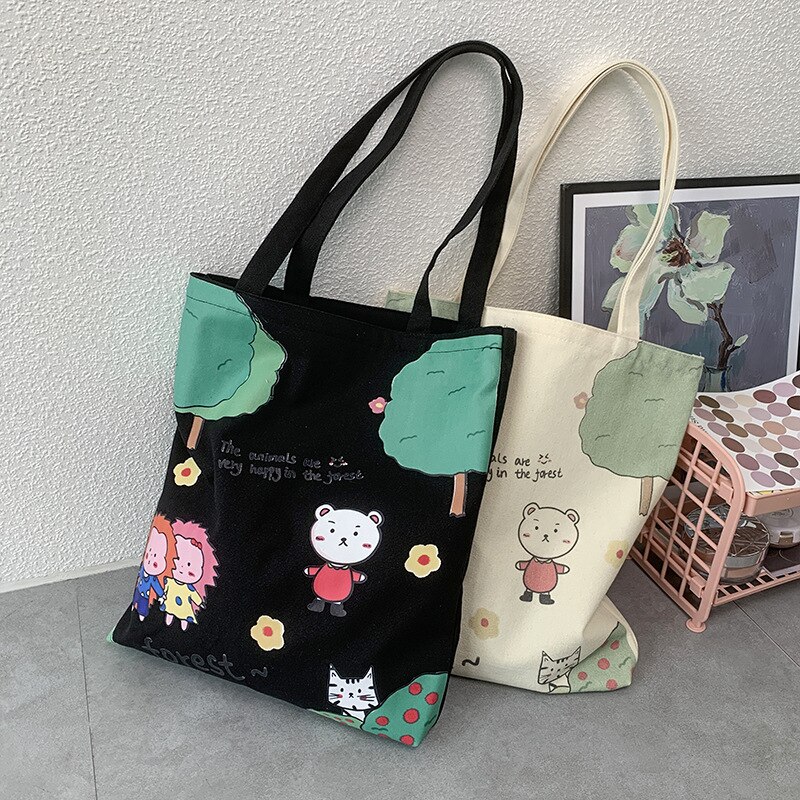 Sac de Shopping en toile pour femmes, fourre-tout à la , dessin animé coréen, mignon, étudiante, Kawaii, grande épaule, fermeture éclair