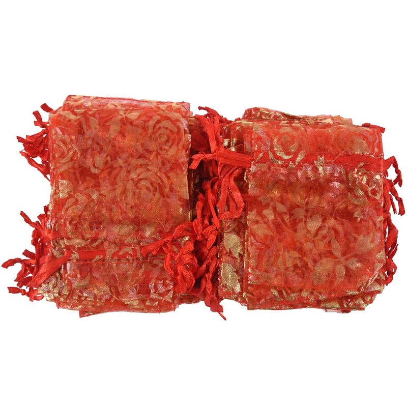 200 stuks 7 x 9cm rozen organza trekkoord sieraden zakjes bruiloft kerstfeest zakjes  - 100 stuks roze & 100 stuks rood