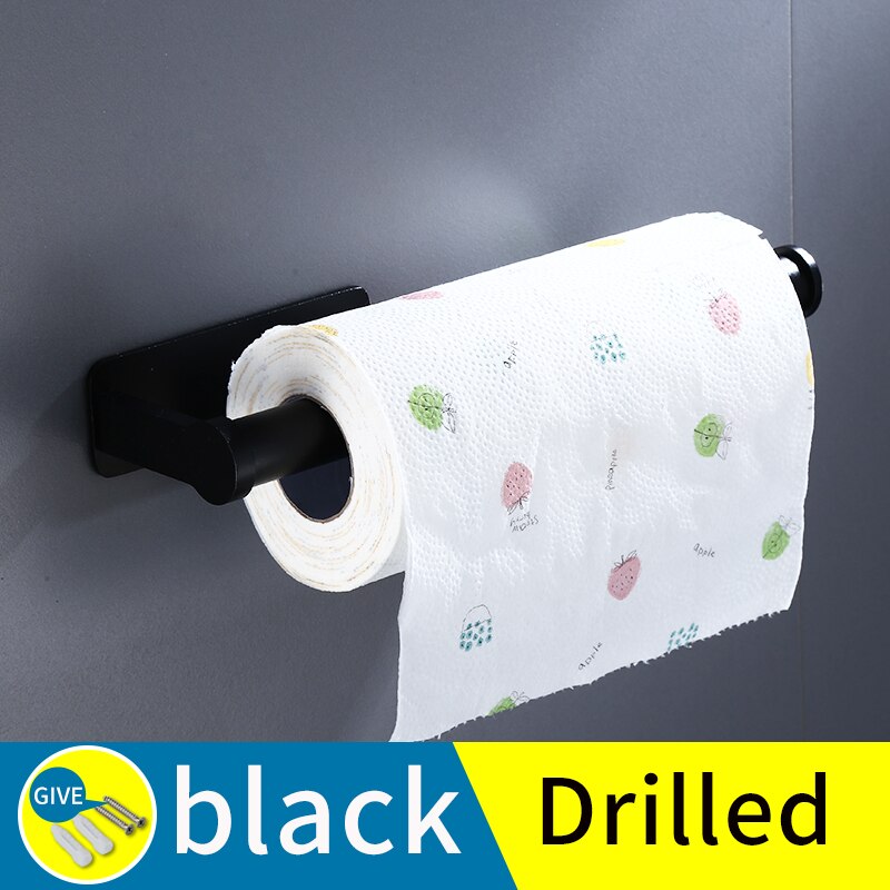 Bathroom paper holders black wall mounted screw free installation toilet paper roll stand dispenser kitchen tissue roll holder: B-black(drilled)