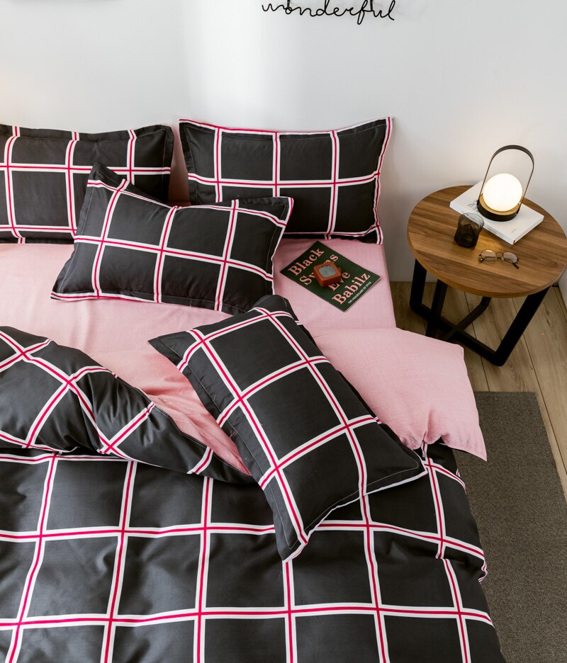 Svarta rutiga sängkläder, påslakanset med örngott 220 × 240 ,210 × 210 påslakan, rosa queen king size filtöverdrag