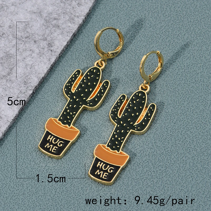 Pendientes de aro de Color dorado con forma de planta de Cactus y hoja esmaltada colorida para mujeres y niñas, pendientes Vintage bohemios con goteo de aceite, de joyería