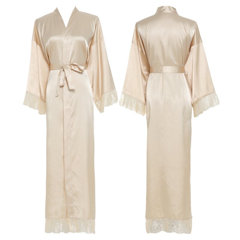 YUXINBRIDAL Silk Satin Lace Robes Bridesmaid Bride Robes Wedding Long Robe Bathrobe Womens Robe White: champagne