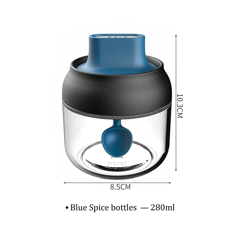 280ML Cover spoon integration honey glass Jar Spice Airtight Containers Condiment Salt Seasoning oil brush pot seasoning pot: Blue Spice bottles