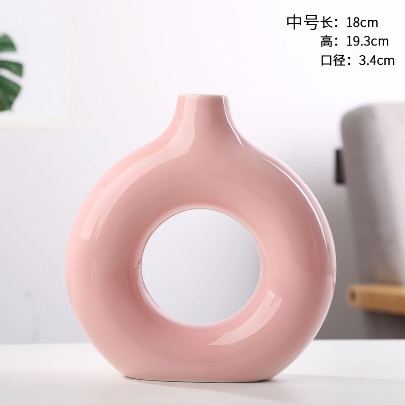 Nordic Circulaire Holle Keramische Vaas Donuts Bloempot Woondecoratie Accessoires Office Desktop Woonkamer Interieur Decor: Pink M