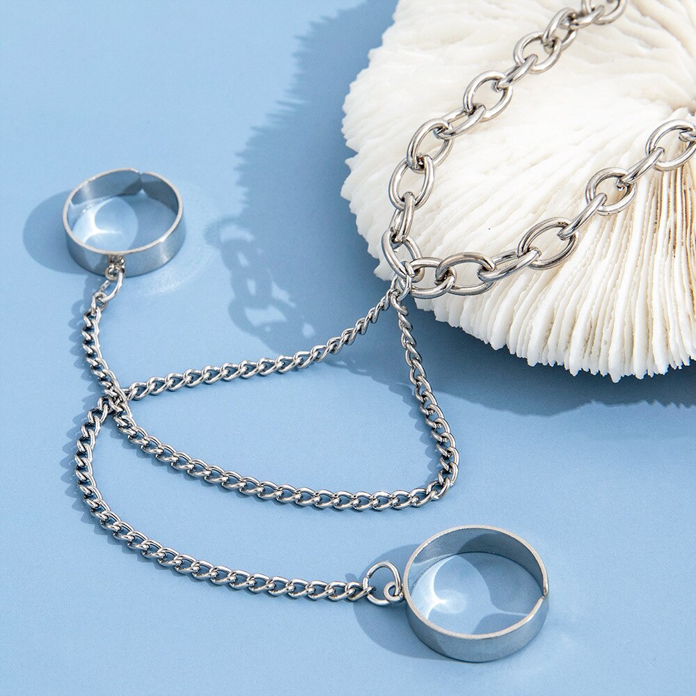 Punk Geometric Silver Color Chain Wrist Bracelet for Men Ring Charm Set Couple Emo Jewelry bracelets jewellery