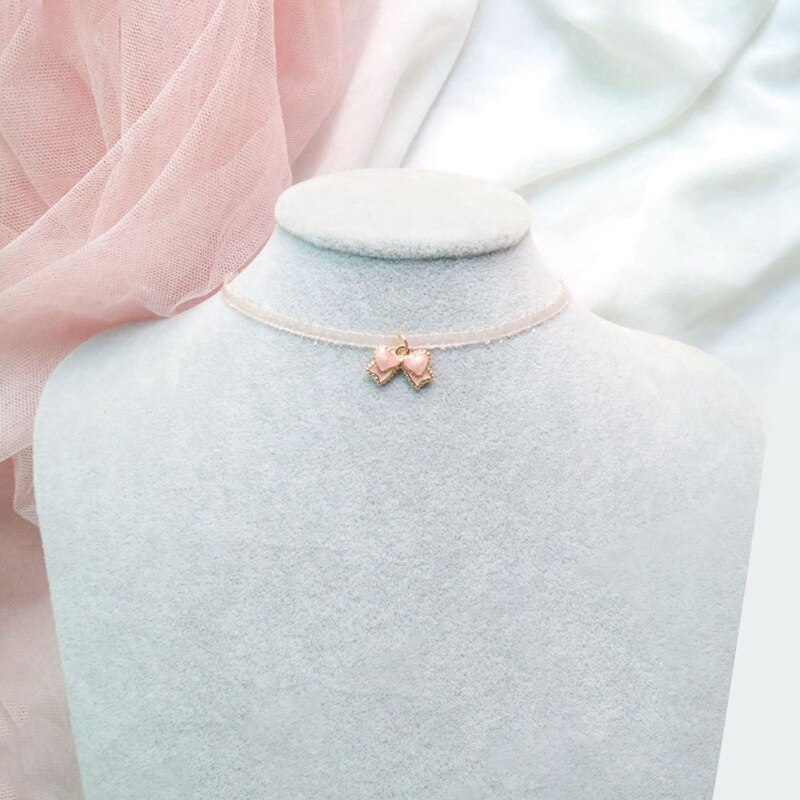 Pink Peach Heart Pendant Choker Short Clavicle Necklaces For Girl Cute Aesthetic Jewelrys