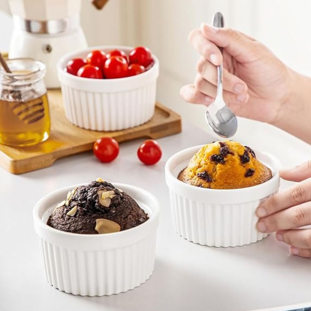 6pcs Baking Bowl 8 Oz Ramekin Porcelain with Lid Dessert Cup White High Temperature Resistant Pudding Cup Dishwasher