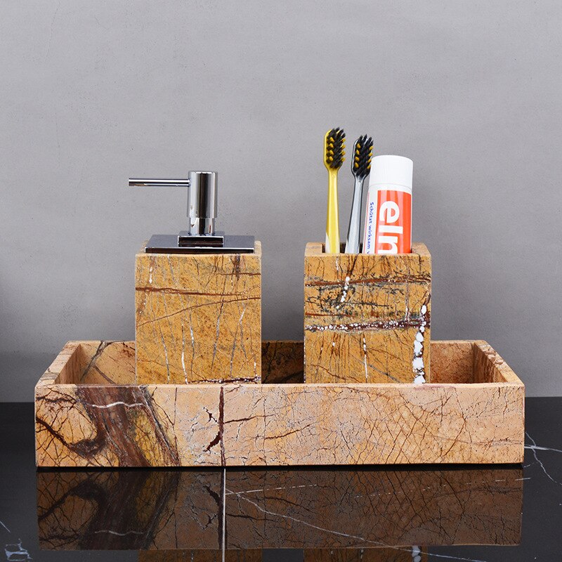 Fancy Brown Natural Marble Bathroom Accessories Sets Luxury Retro Soap Dispenser Toothbrush Holder Soap Dish Bathroom Kit